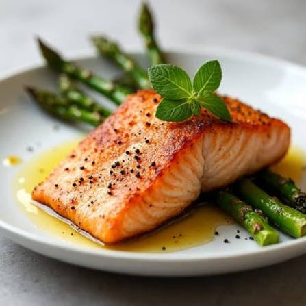 Pan-seared salmon fillet with fresh asparagus and lemon-dill sauce